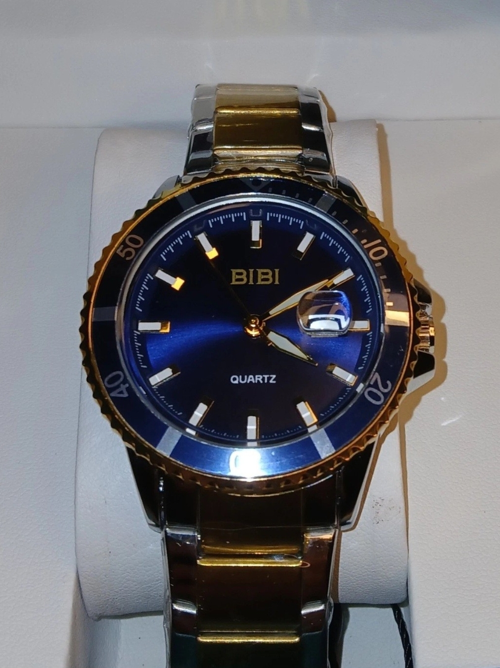 BiBi Quartz Diver Style Date Watch Blue Dial Silver Case Silver Gold Band New